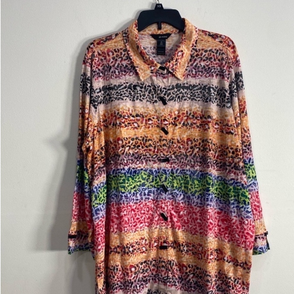 Ali Miles Button Up Top 2X Rainbow Leopard Print Slub Knit Long Sleeve Shirt